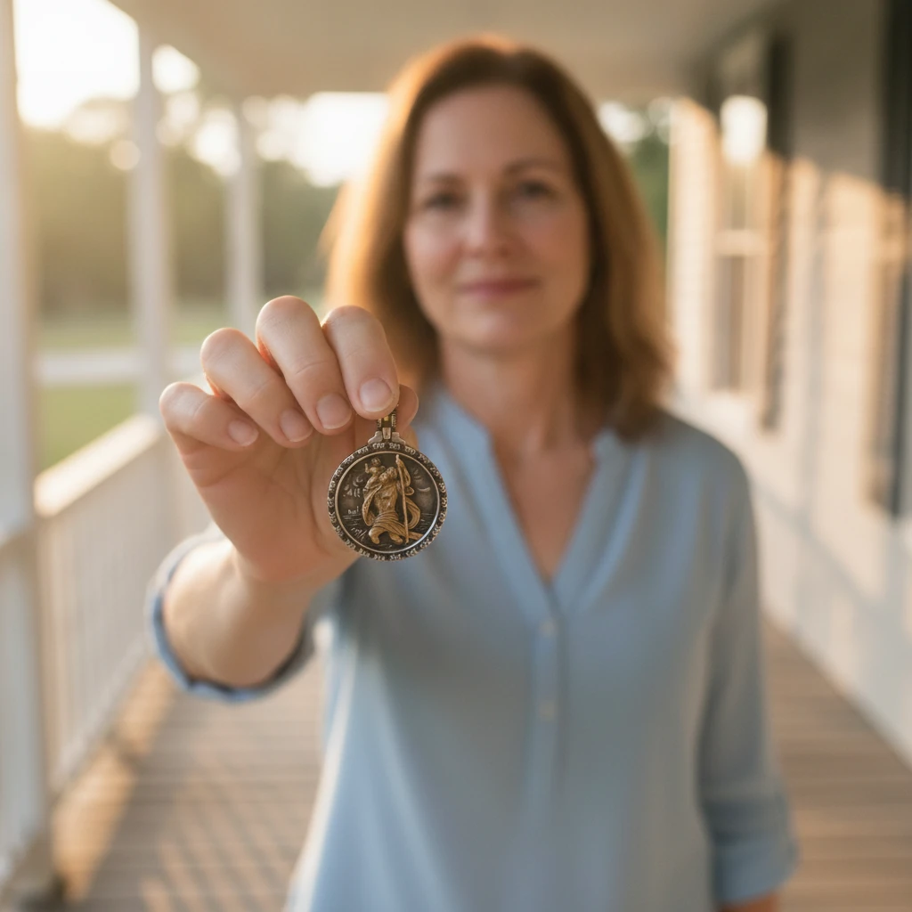 Rachel showing her St. Christopher pendant on her porch