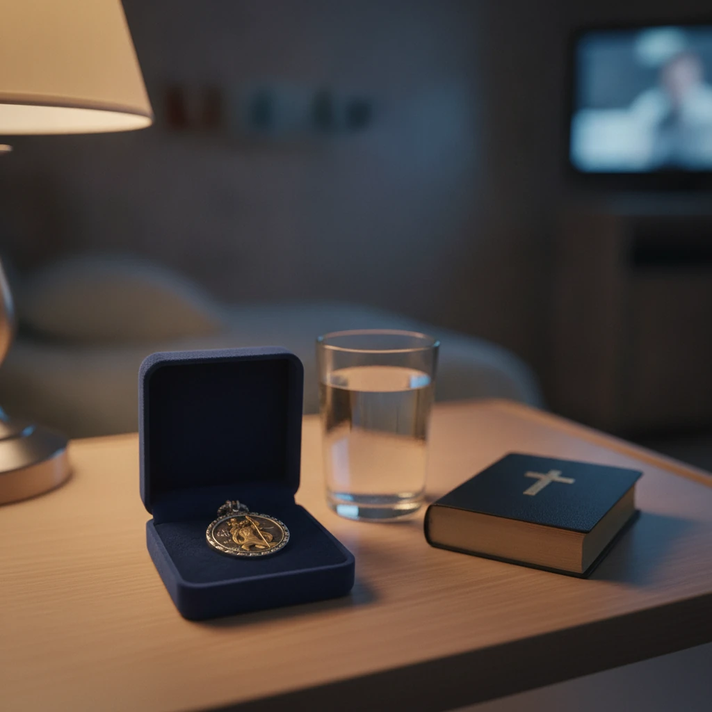 Saint Christopher pendant on hospital bedside table next to Bible and water glass