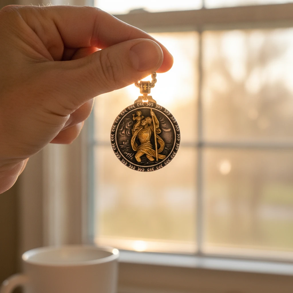 Older woman's hand holding the Saint Christopher pendant against a sunlit kitchen window