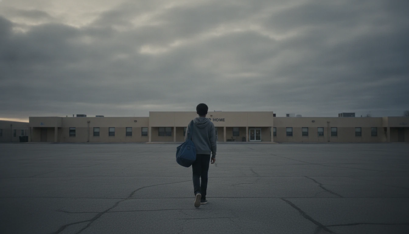 A teenage boy with one duffel bag walking out of a group home into an empty parking lot at dawn