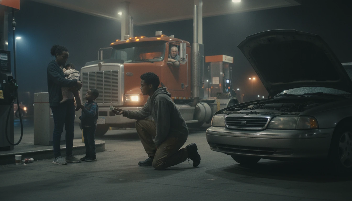 A young man at a lit truck-stop fuel island at night helping a stranded family while an old trucker watches from his rig