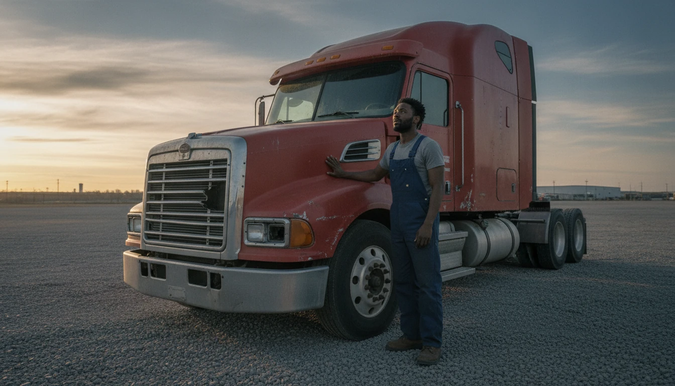 A young man in work clothes standing proudly in front of his first battered semi-truck at dawn
