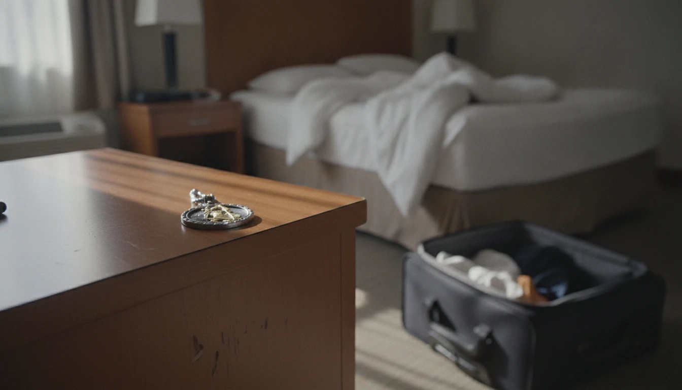content-04 A St. Christopher medal left alone on a hotel nightstand in morning light
