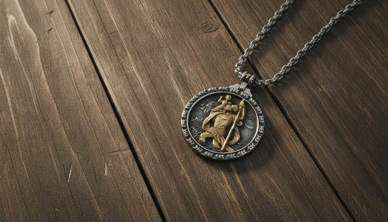 content-05 The St. Christopher pendant on a worn chain laid on weathered wood in warm light