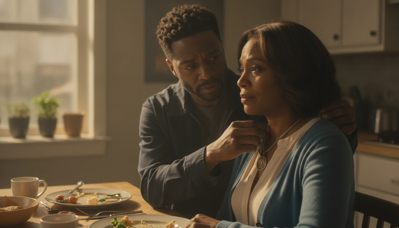 A man clasping the St. Christopher chain around the neck of his grown sister at a kitchen table