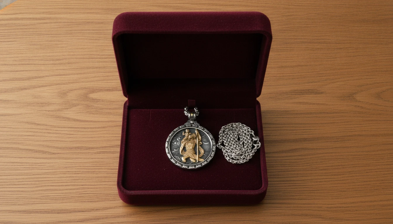 content-07 The St. Christopher pendant in its open velvet presentation box, ready to give