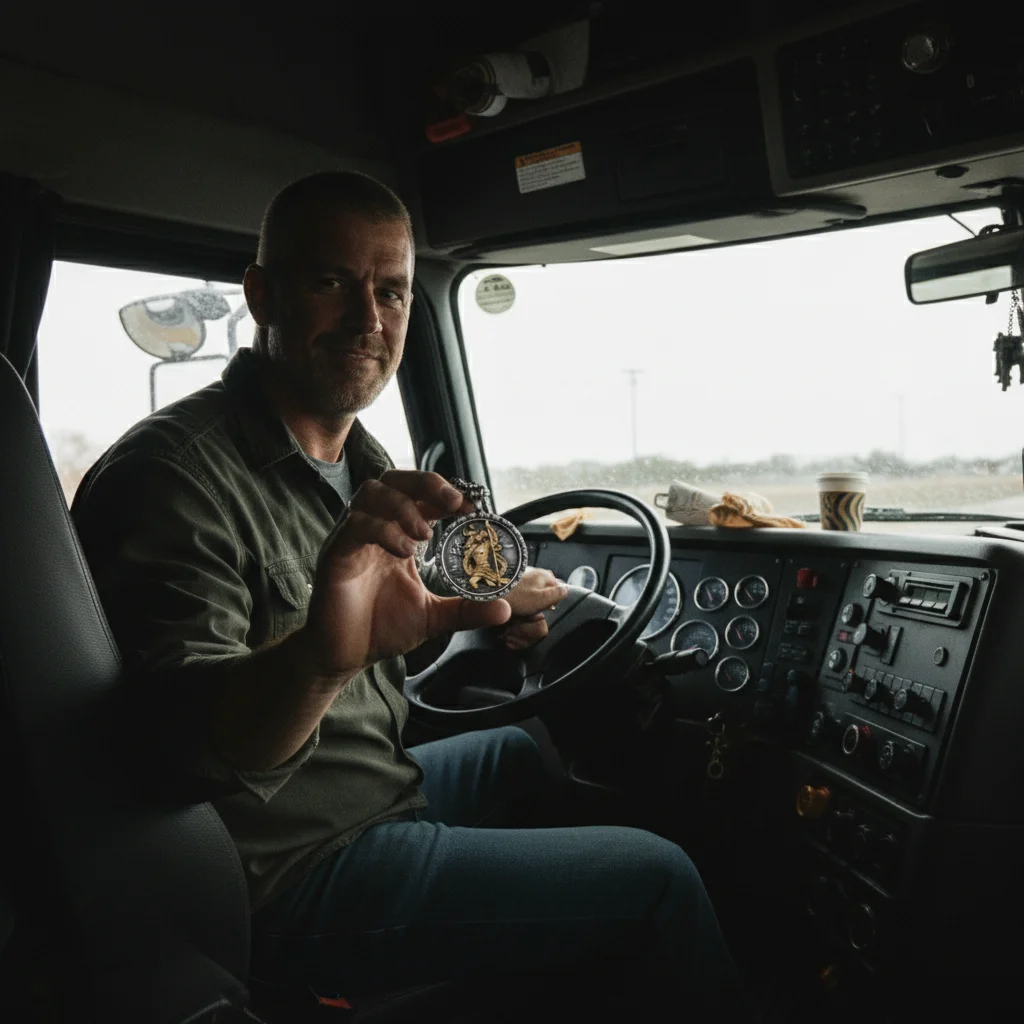 Daniel wearing his St. Christopher pendant
