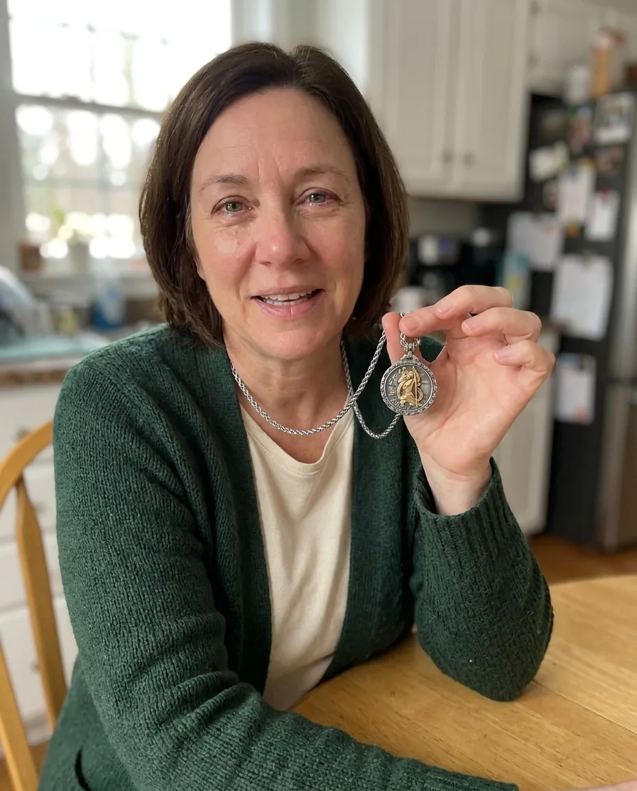 Rachel holding the St. Christopher pendant at her kitchen table