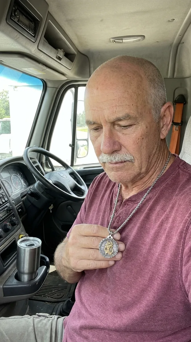 Daniel wearing the St. Christopher pendant in his truck cab