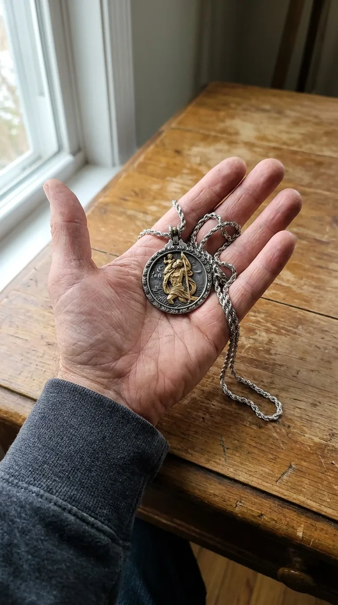 Robert holding the St. Christopher pendant in his palm