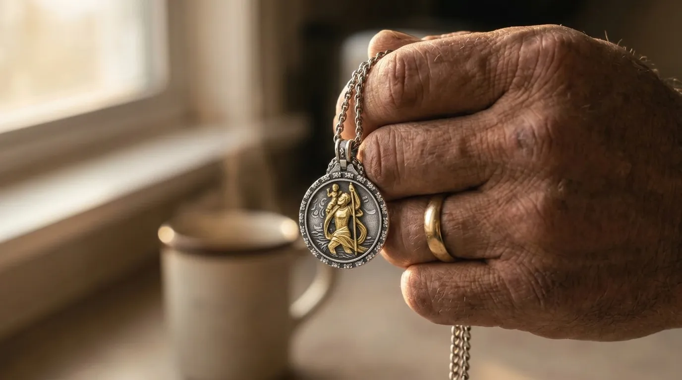 The St. Christopher pendant in its open velvet presentation box, ready to give